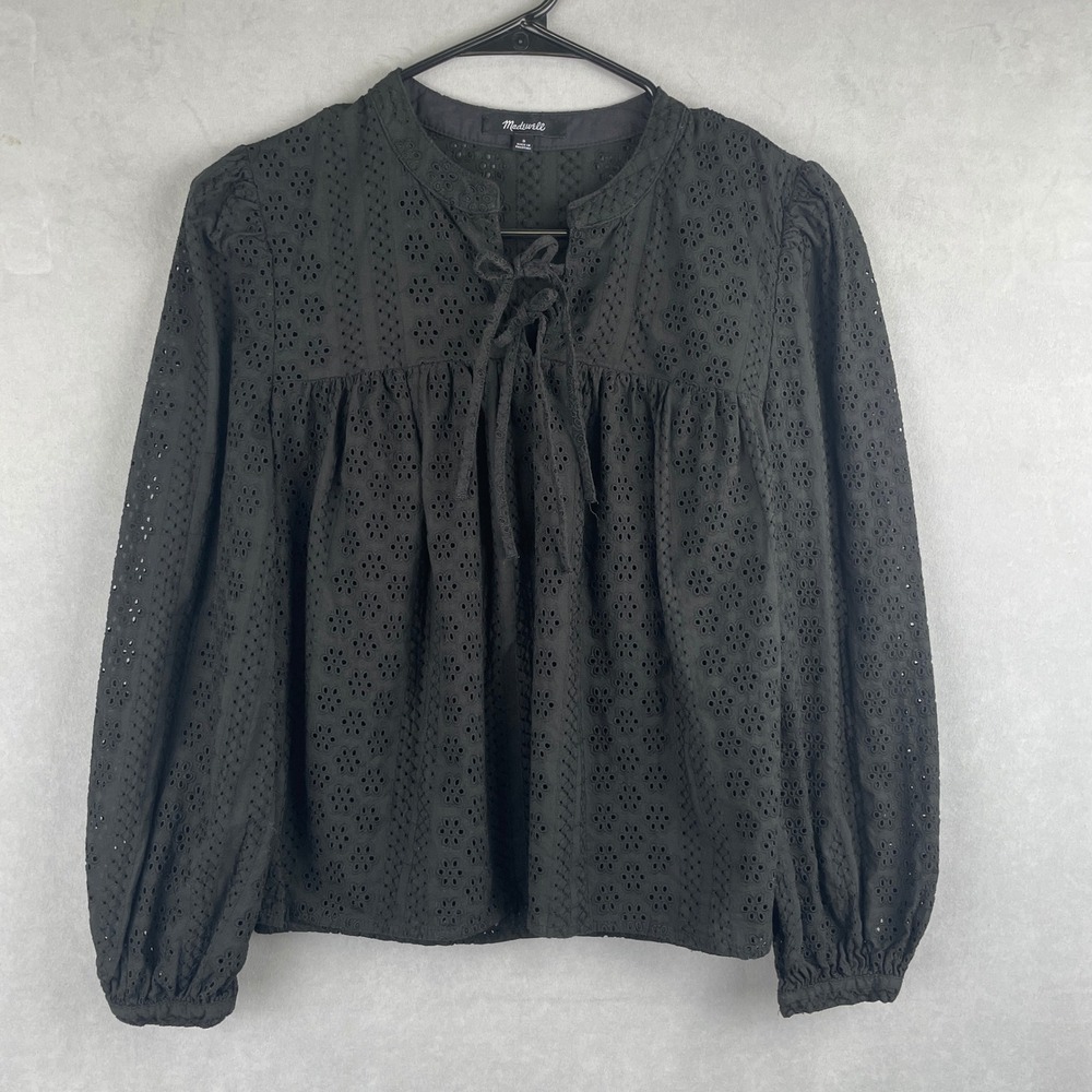 Madewell Black Cotton Victorian Goth Eyelet Tie Neck Long‎ Sleeve Blouse Top S